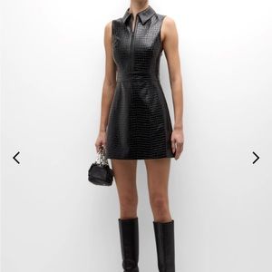 New Alice + Olivia Ellis Croc-Embossed Vegan Leather Mini Dress A-line silhouett
